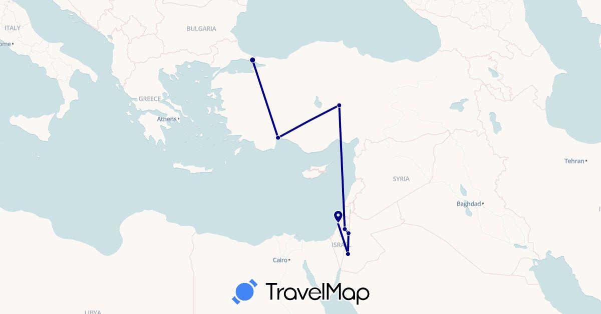 TravelMap itinerary: driving in Israel, Jordan, Palestinian Territories, Turkey (Asia)